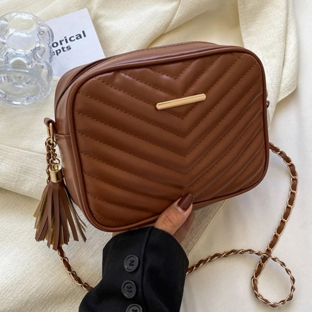 Brown Chevron Tassel Chain Purse